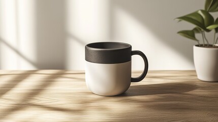 Fototapeta premium Minimalist cup with plant on sunny wooden table