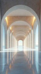 Sunlight illuminating a palace hallway with marble columns