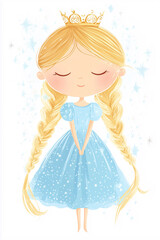 Cute blonde princess clipart, a cartoon illustration on a white background with simple shapes and lines, in a cute storybook style, wearing a blue dress and crown