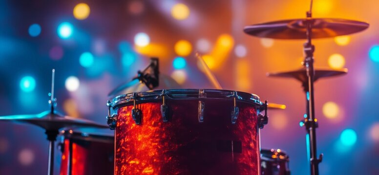 Musical percussion drum kit. International Music Day.  Energetic atmosphere during a jazz performance. Jazz  day. Close up.
