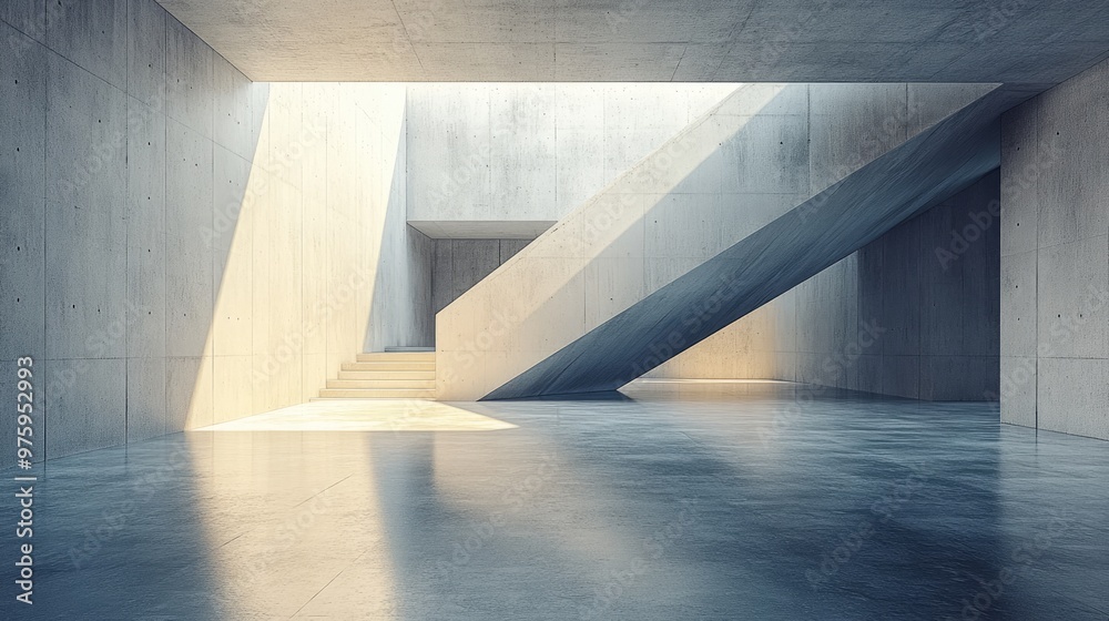 Poster Sunlight illuminating modern empty concrete staircase architecture
