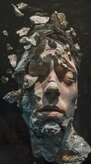 A sculpture of a human face covered in shards of rock.