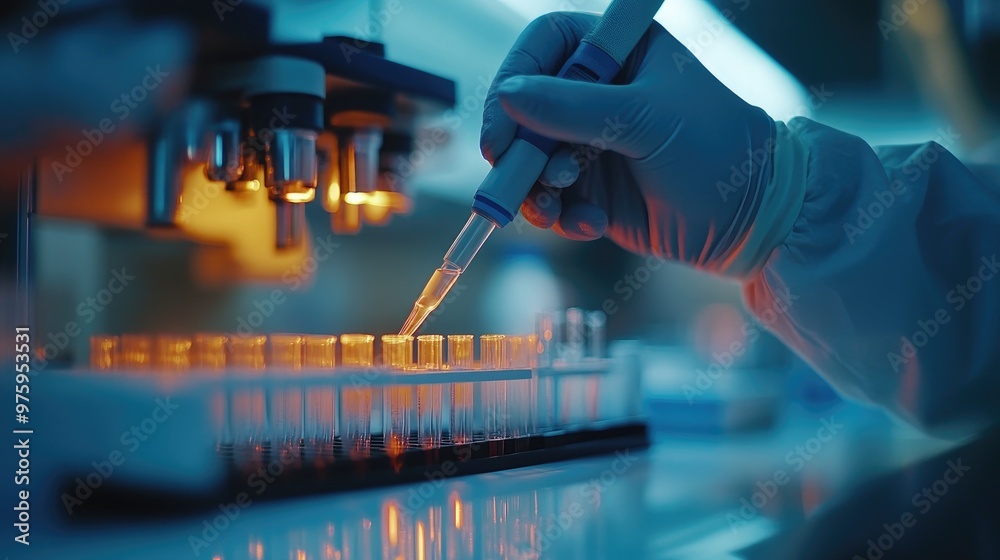 Poster scientist analyzing samples under microscope in laboratory at night