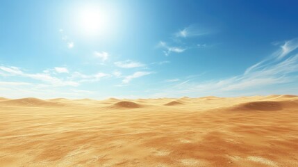 Fototapeta premium A wide desert expanse under the bright sun, with endless golden dunes and a cloudless blue sky, perfect for travel concepts.
