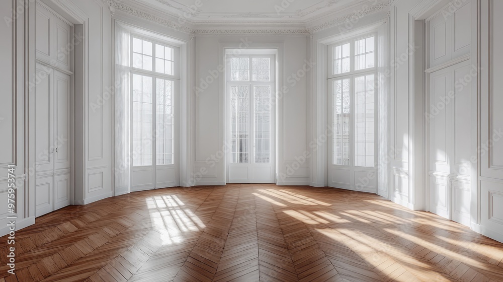 Poster sunlight shining through windows in a white room with herringbone floor