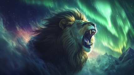 Lion roaring under aurora borealis, night sky. Majestic wildlife and nature phenomenon concept