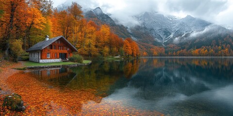 Wooden cottage reflecting in calm lake during autumn