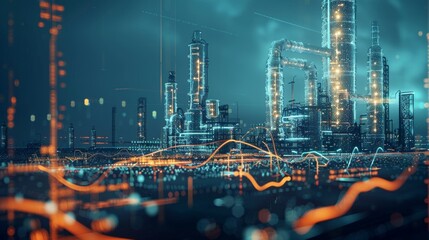 modern chemical manufacturing plant technological background with a stylized digital wave