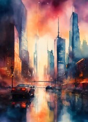 water color style, urban future skyline