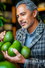 Fototapeta premium Middle age Asian man in plain coat choosing avocados in a grocery store, focused on selecting the perfect ones. Healthy lifestyle.