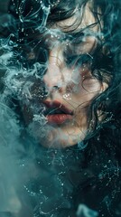 A woman's face is partially obscured by wisps of smoke and water droplets.
