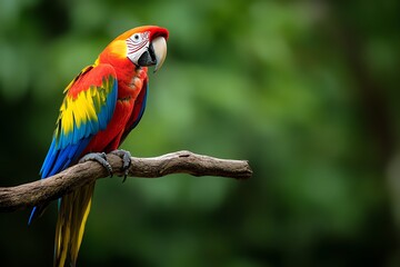 Obraz premium A colorful parrot perched on a branch, squawking loudly against the backdrop of RoatÃ¡nâ€™s tropical rainforest
