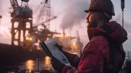 A construction worker wearing a hard hat and red jacket reads blueprints in front of a large industrial rig.