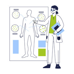 Chemistry lab worker. Female lab scientist, biotechnology medical laboratory development and researching flat vector illustration. Chemical scientific scene