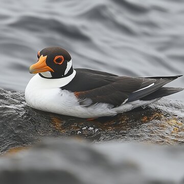 A stunning bird with contrasting white, black, and orange feathers rest on a rocky, wave-beaten shore.