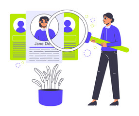 Headhunting agency recruitment. Hiring process scene, HR specialist and work position candidate flat vector illustration. Job hiring concept