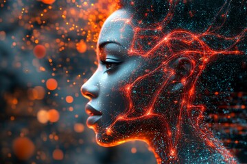 Obraz premium Side profile of a woman illuminated by vibrant red and orange glowing neural connections symbolizing intelligence creativity and potential of human brain in dynamic tech driven atmosphere