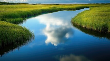 Fototapeta premium Calm water reflecting the sky and lush green grass along the banks, offering a serene and peaceful natural landscape