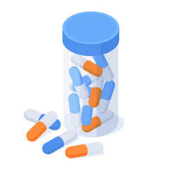 Isometric medical pills bottle. Plastic jar with drug capsules, tabletes container with lid 3d flat vector illustration. Pharmacy medications on white