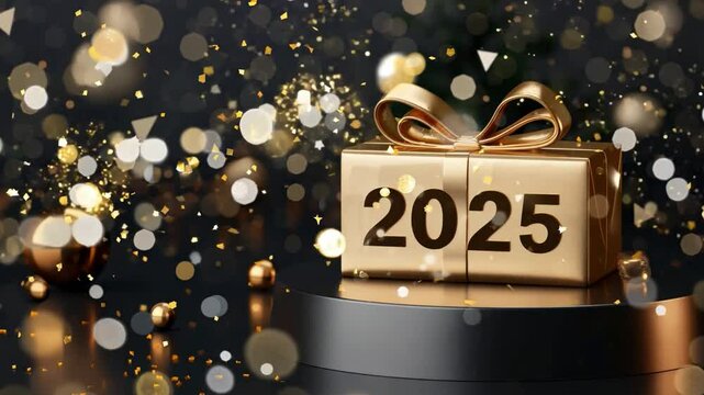 A golden gift box displaying the year 2025 sits atop a pedestal, adorned with sparkling decorations and lights, creating a festive atmosphere.