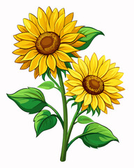 sunflowers buds, yellow petals blooming, green stems with leaves, photorealistic digital painting, highly detailed close-up, transparent background