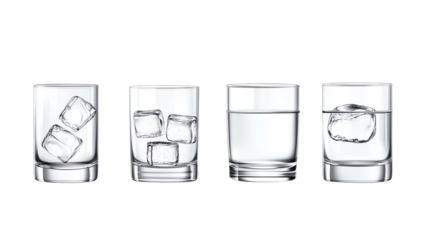 Set of four transparent glasses, each holding water and varying numbers of ice cubes