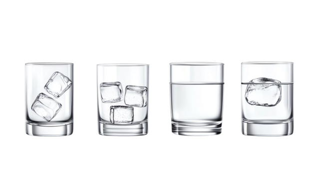 Set of four transparent glasses, each holding water and varying numbers of ice cubes