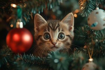 surprised kitten, with wide eyes peering out from behind a decorated Christmas tree