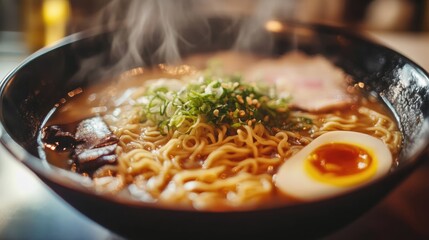 Close-up of a flavorful bowl of ramen with steaming noodles, rich broth, and vibrant toppings, perfect for food lovers