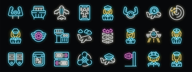 This set of neon icons showcases various aspects of aviation, from pilots and planes to airport infrastructure and flight related concepts