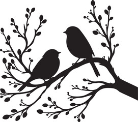birds sitting on tree branch silhouette vector art illustration