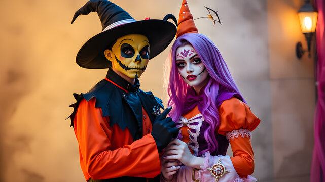 Festive Halloween cosplay featuring creative costumes, perfect for a spooky celebration.Generative AI


