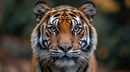 Obraz premium Close-up portrait of a Bengal tiger in natural habitat, intense gaze. Wildlife conservation and endangered species concept