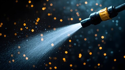 Pressure washer in action, water jet removing grime from a textured wall, macro shot, cinematic lighting, sharp focus on the spray and dirt separation