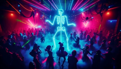 Neon skeleton dancing with vibrant, glowing lines, creating a lively and festive Halloween vibe.Generative AI

