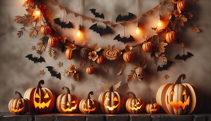 Decorative garland featuring pumpkins and bats, Halloween wall decor festivities.Halloween pumpkins.Generative AI