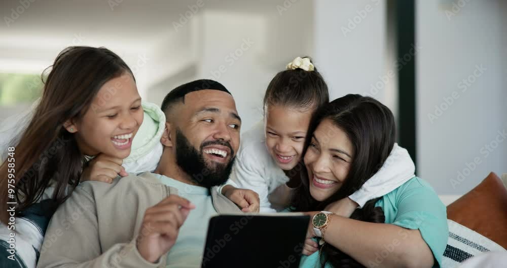 Sticker Kids running, hug and parents on a sofa with tablet for streaming, social media or chat in their home together. Love, happy family and excited children embrace people in a living room with support