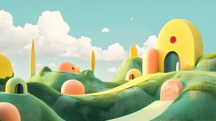 Whimsical Surreal Landscape with Hilly Green Meadows,Colorful Sky,Sun and Moon