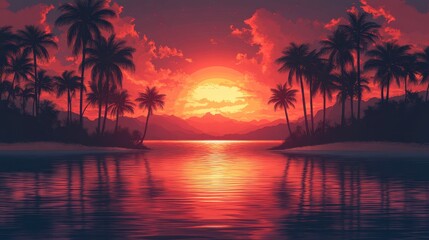 Vibrant Sunset Over Calm Waters With Silhouettes of Palm Trees and Distant Mountains at Dusk