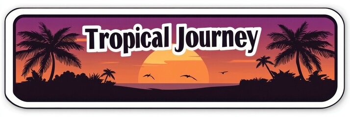 Obraz premium Tropical Journey Sticker Design Featuring Sunset, Palm Trees, and Minimalist Beach Atmosphere