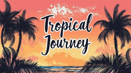 Obraz premium Tropical Journey Stickers Featuring Minimalist Vector Design With Palm Trees and Sunset Backdrop