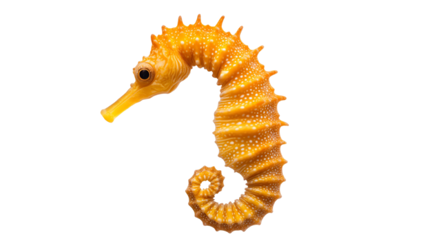 A detailed close-up of an orange seahorse against 