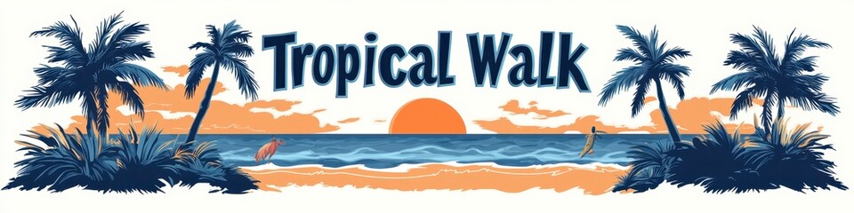 Tropical Walk Sticker Design Featuring Palm Trees and Sunset With Minimalist Beach Atmosphere