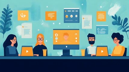 Diverse Team Collaborating on Digital Presentation in Modern Office Space