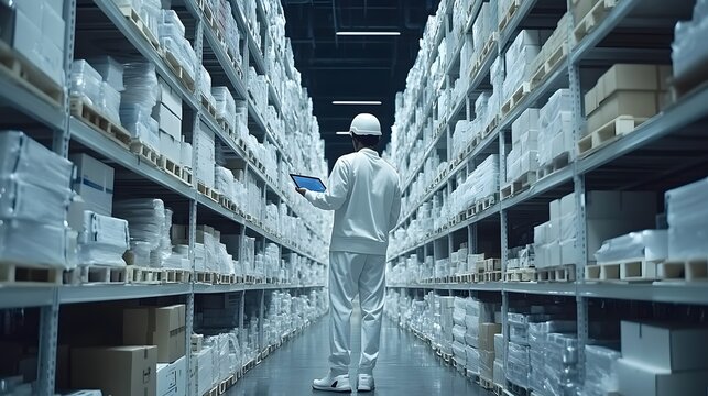 A worker in a white uniform stands in the middle of a large warehouse aisle, holding a tablet. The aisles are lined.