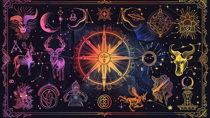 Naklejka premium Cosmic Animals, Zodiac Signs, and Celestial Objects Illustration