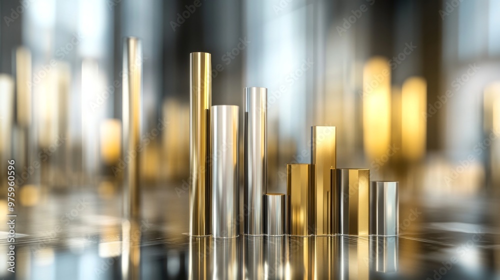 Poster a set of metallic 3d bar graphs in gold and silver colors, standing tall on a reflective surface, re