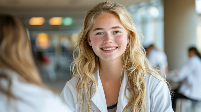 A smiling young woman with long blonde hair wearing a white lab coat in a bright room with blurred background, concept of healthcare and education.