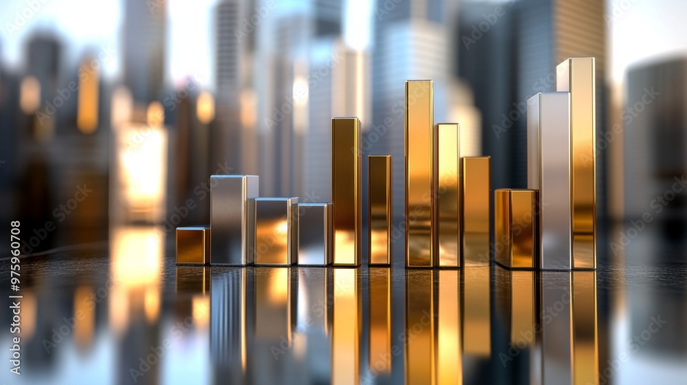 Poster a set of metallic 3d bar graphs in gold and silver colors, standing tall on a reflective surface, re