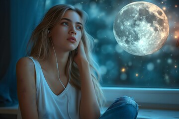 Naklejka premium Young Woman Daydreaming in a Fantasy Moon Sky World, Listening to Music with Earphone